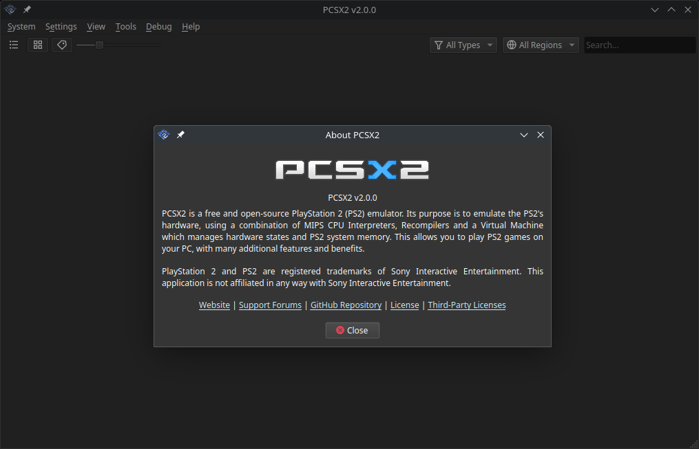 PCSX2 2.0 main application window and menus