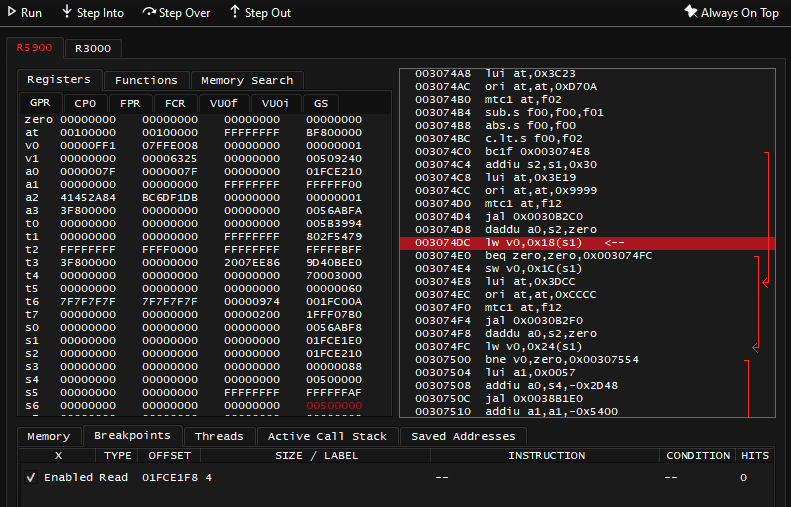 PCSX2 debugger with breakpoint set in code